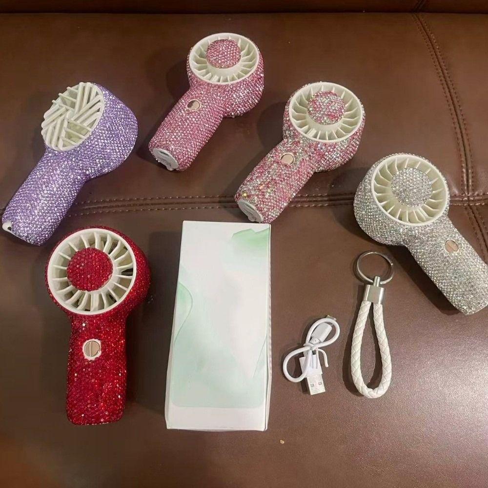 Sparkling Mini Cooling Fan 3 Gears Portable Hand Fan Stylish Rhinestone Handheld Fan Office