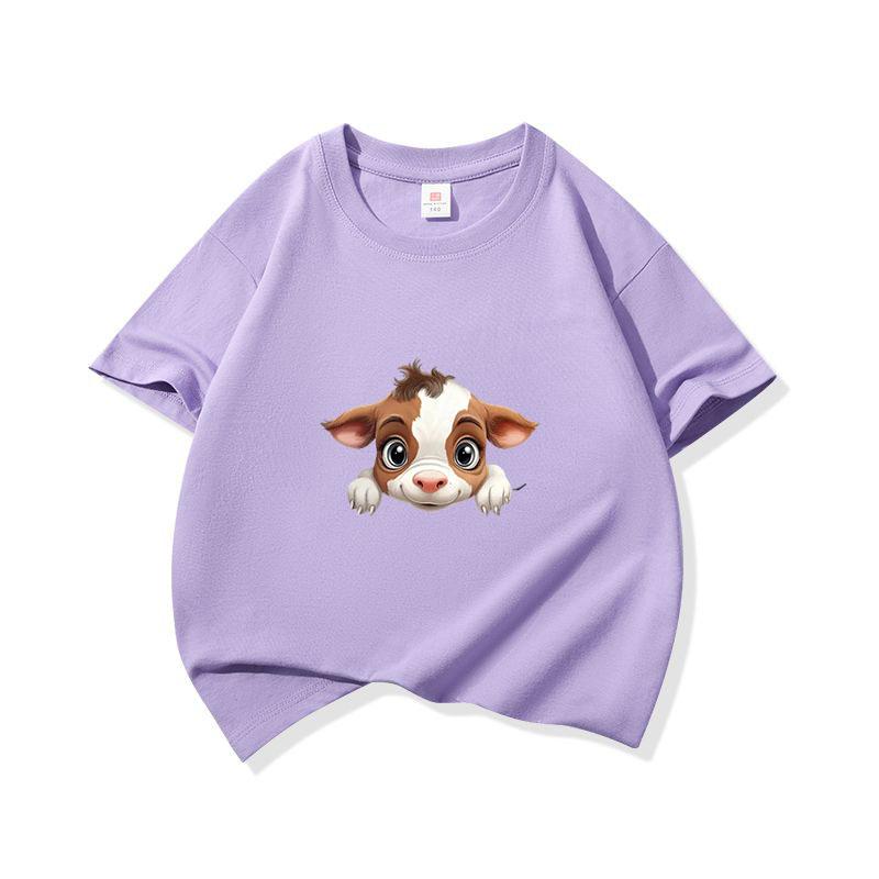 Kids Cotton T Shirt Light Brown Baby Cow Peeking Print Crew Neck Short Sleeve Tee Casual Boys Girls Summer Tops