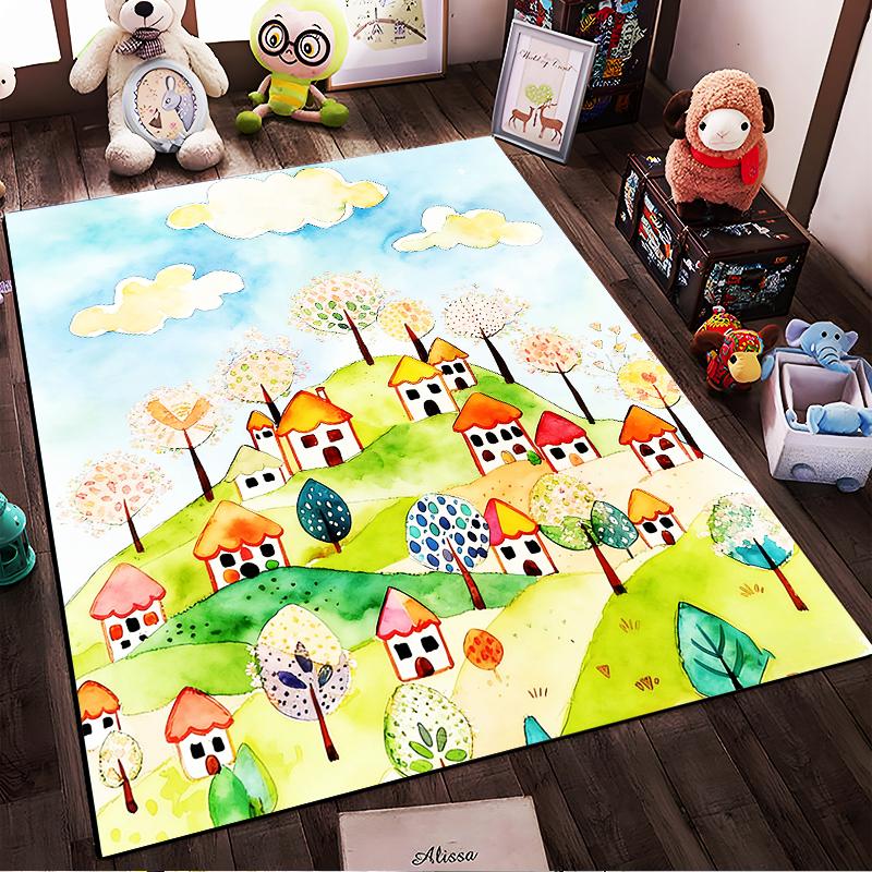 Colorful Cartoon Village Landscape Carpet – Cute Houses and Trees Design Suitable for use as an anti-slip for living room bedroom sofas