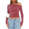 Women's Blouse Spring and Autumn Slant Shoulder Asymmetric Solid Colour Navel Blouse Long-sleeved Sexy Slim Temperament T-shirt
