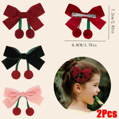 2Pcs Trendy Velvet Bows Hair Accessories Cherry Cute Things Waterproof Red Green Pink Retro Pompoms Bangs Clips For Girls Kids