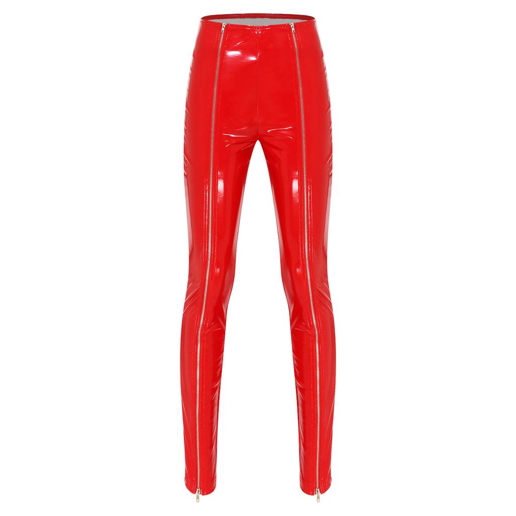Women Patent Leather Front Zipper High Waist Leggings Wet Look Shiny Tights for Street Club Rave Party Stage Performance