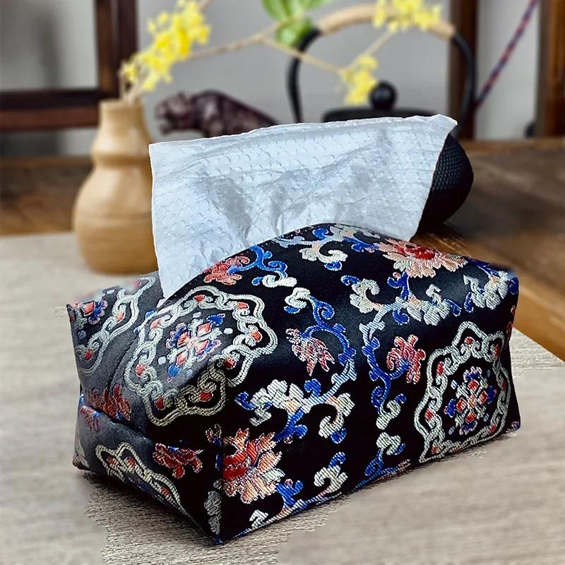 Chinese-style Vintage Tissue Case Tissue Cover Fabric Drawing Box Living Room Bedroom Table Paper Storage Bag Household Desktop