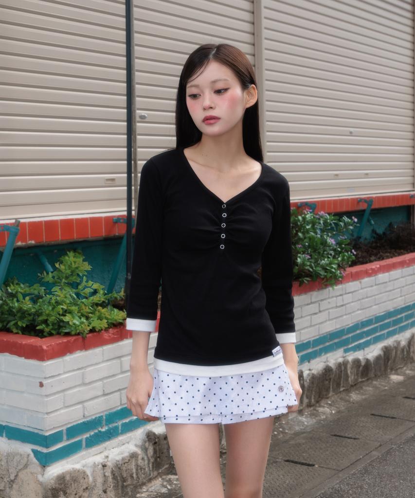 ROSEFRANTZ Shirring Button Layered Long Sleeve [Black]