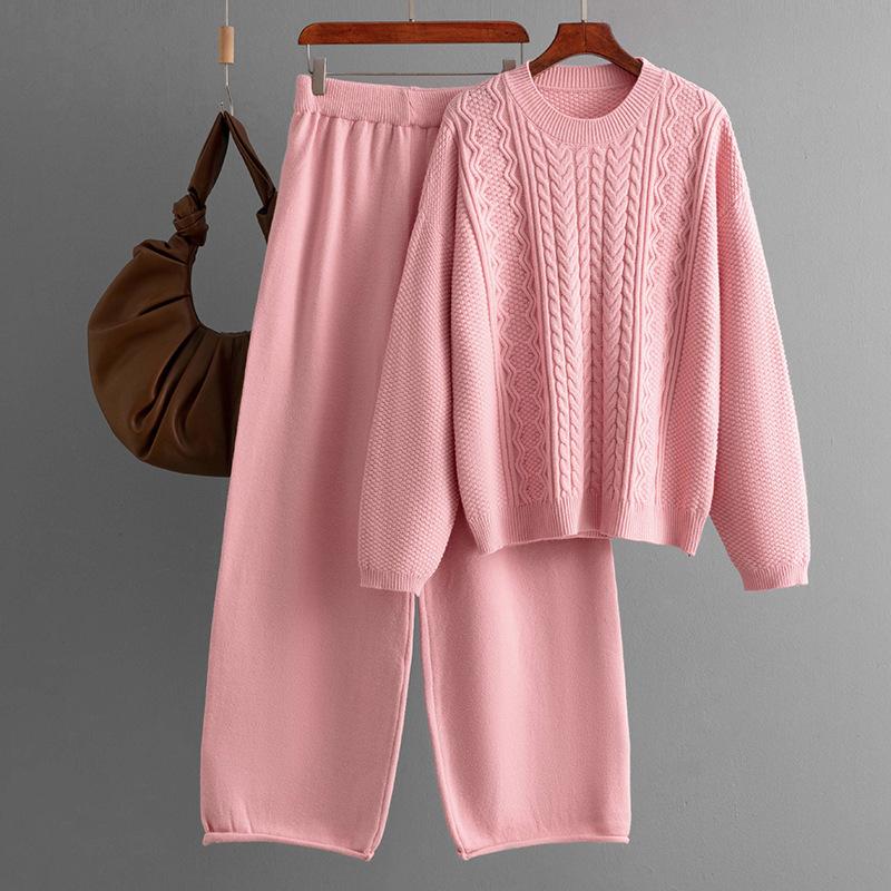 Autumn and Winter New Loose Twist Pullover Sweater Women's Set, Knitted Wide-leg Pants Fashionable Two-piece Set