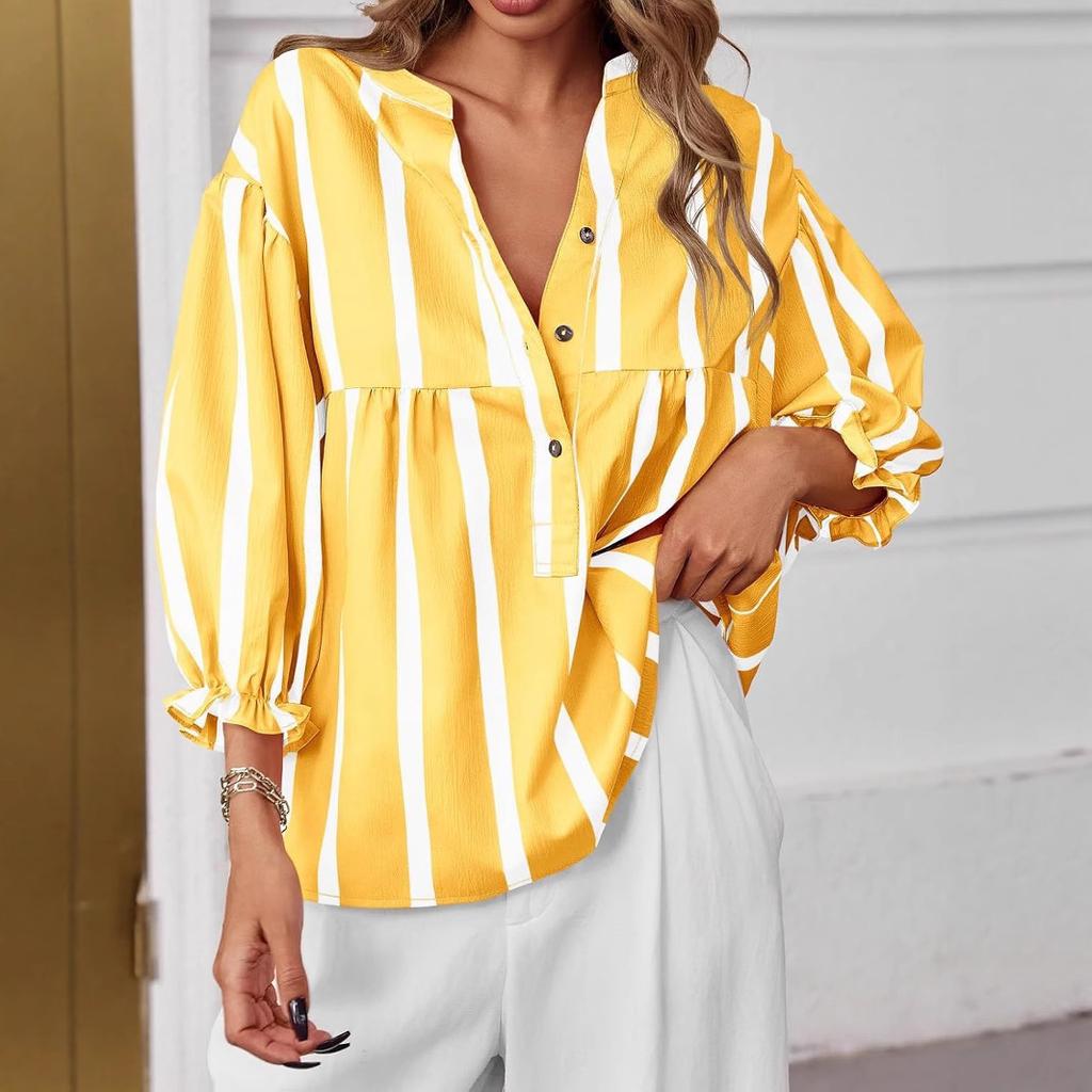 New Summer and Autumn Striped Shirt with Puffed Sleeves and Loose Top for Women