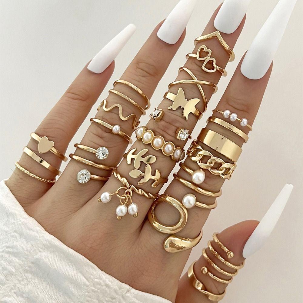 Gold/Silver Wave Joint Rings Set Alloy Love Chain Joint Ring 2024 Multi Style Ring Set Woman