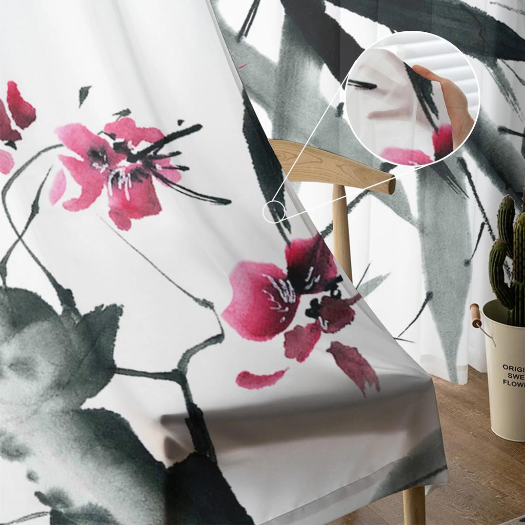 Bamboo Leaf Petal Blooming Sheer Curtain For Bedroom Tulle Voile Curtain For Kitchen Living Room Decor Window Treatment