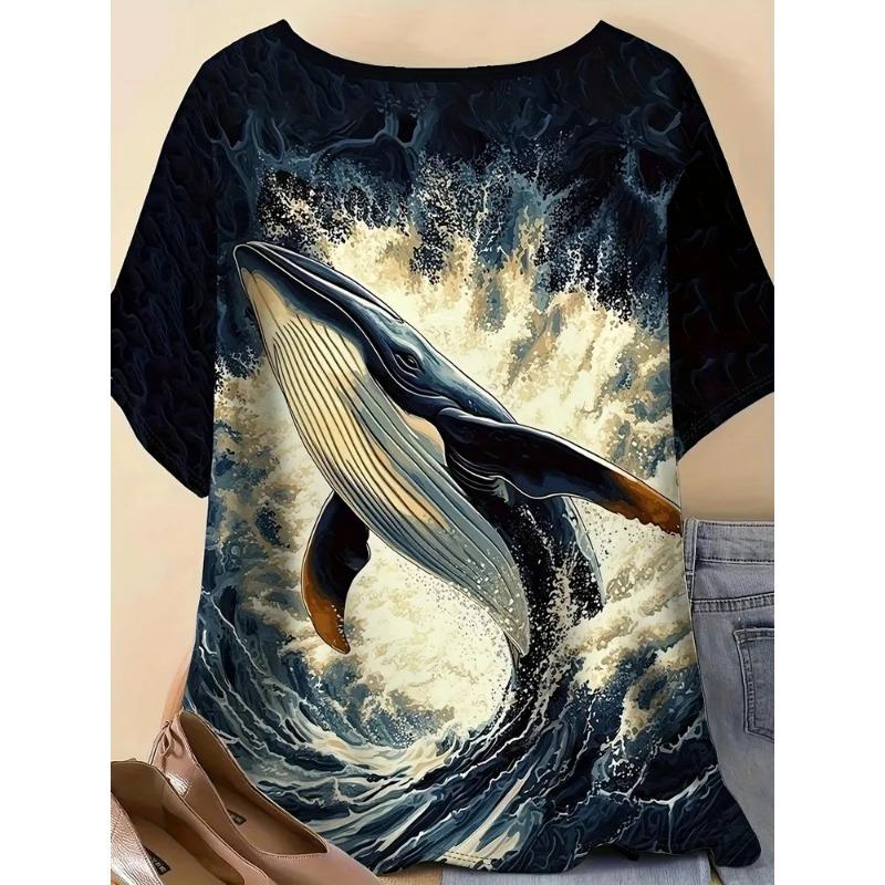 Casual Fashion Simple Abstract Painting Animal Sea Dolphin Breathable 3D Printed Round Neck Short Sleeve T-shirt Casual Sports Shirt