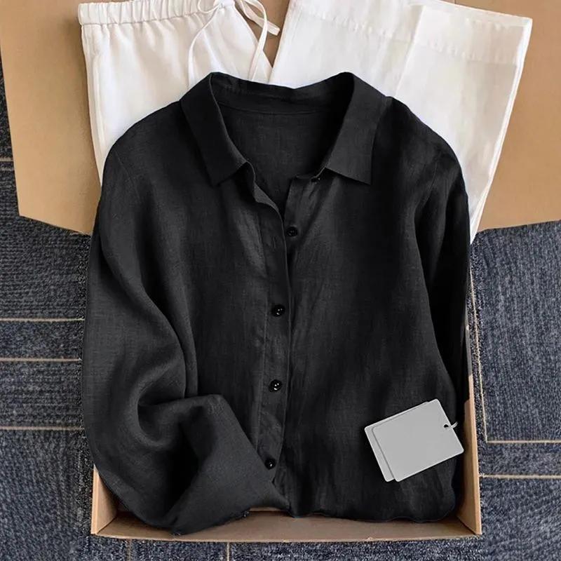 Camicia da donna in lino stile francese per la primavera/estate: Top casual a maniche lunghe in cotone e lino, dalla vestibilità morbida