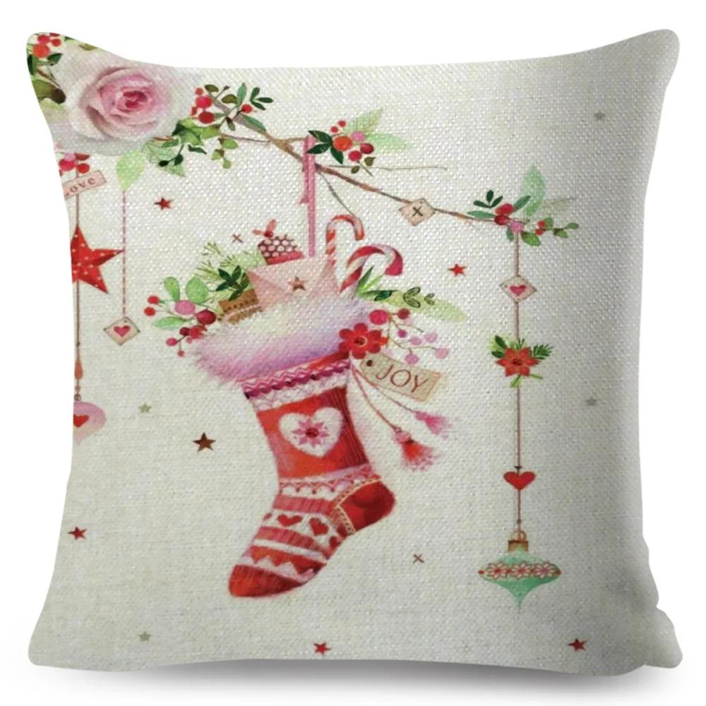 

Merry Christmas Cushion Cover Simple Painting Printed Pillow Covers Inches Xmas Decoration Candle Bird Flower Linen Pillowcase 12x12Inch