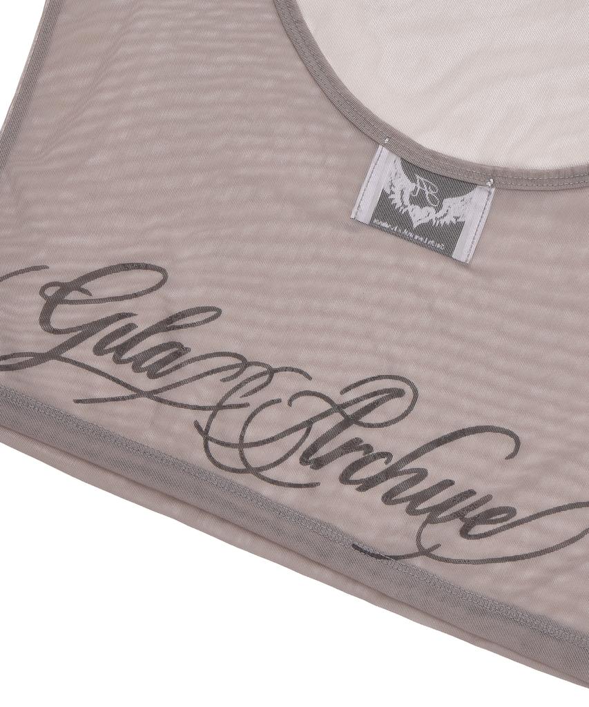 Gillaakaibeu Lettering Logo Backless Sheer Crop Top_Grey