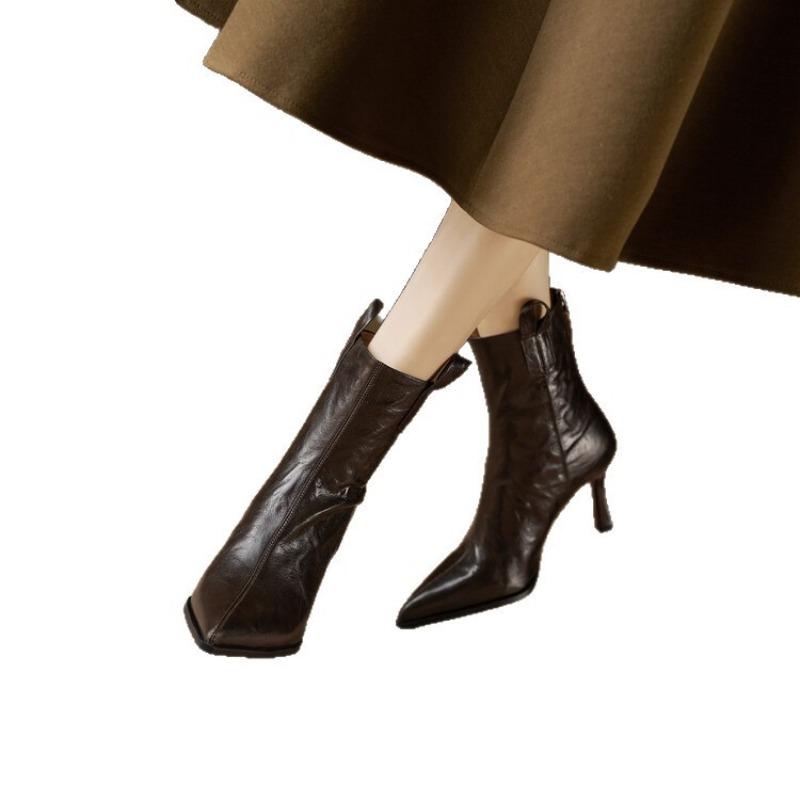 Pointed-toe Shoes, High-heeled Boots, Women's Shoes, Thin Heel, Soft Leather, Versatile, Short Boot
