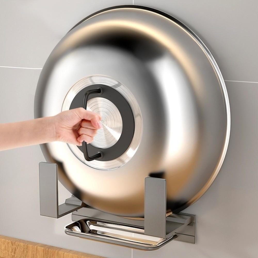 Wall Mounted Pot Lid Rack Space Saving with Drain Tray Kitchen Storage Rack No-Drill Sturdy Pot Cover Organizer Kitchen Storage