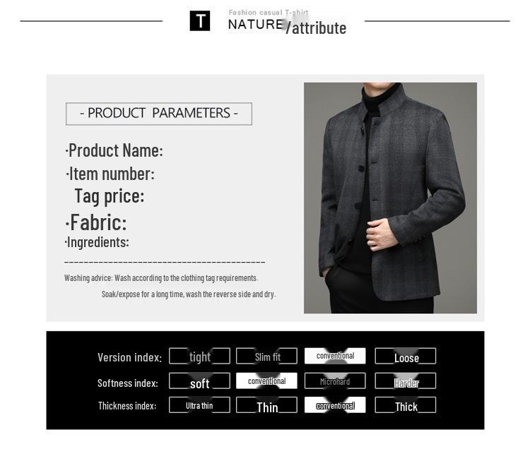 Hengyuanxiang Men's Wool Stand-Up Collar Zhongshan Jacket - Casual Woolen Coat for Seniors