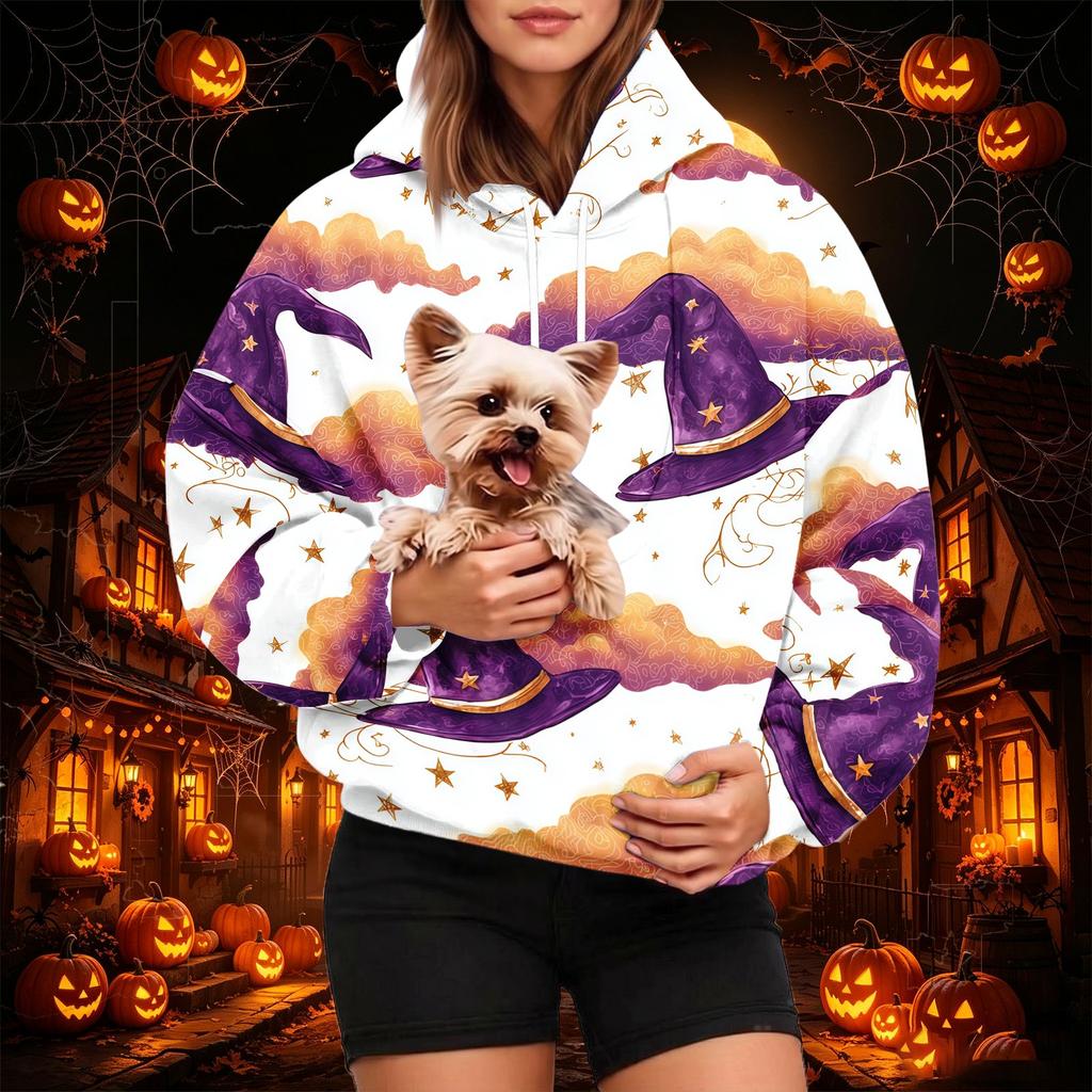 Dámská módní mikina s kapucí a potiskem na Halloween s kapsou na mazlíčka, ležérní mikina
