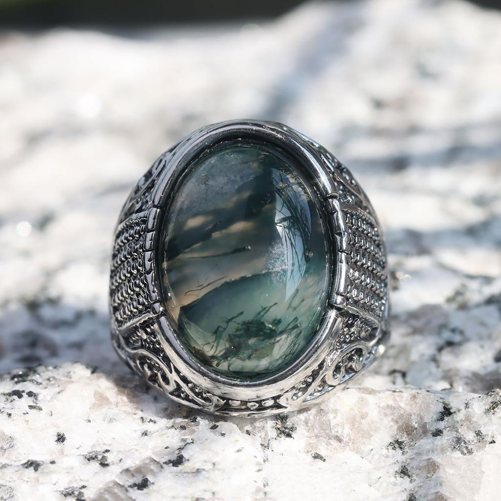 Aquatic Agate Stone Men's Fashion Jewelry Punk Hip Hop Silver Carved Ring