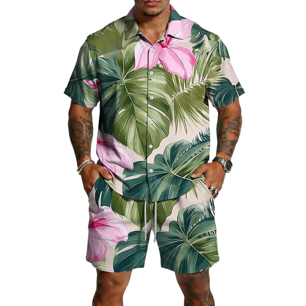 Men's Casual Printed Top and Drawstring Shorts Set Lightweight Breathable Set for Summer