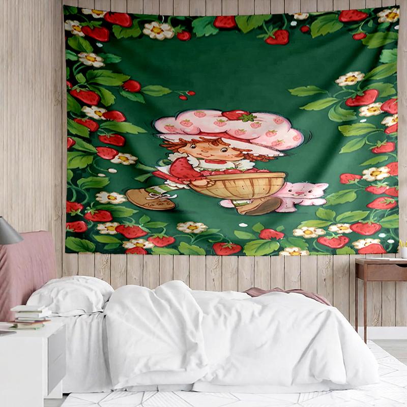 Strawberry-Shortcake Print Tapestry, Backdrop, Easy Setup, Ideal for Bedroom, Office & Living Room, with Aesthetic Wall Hanging Decor.