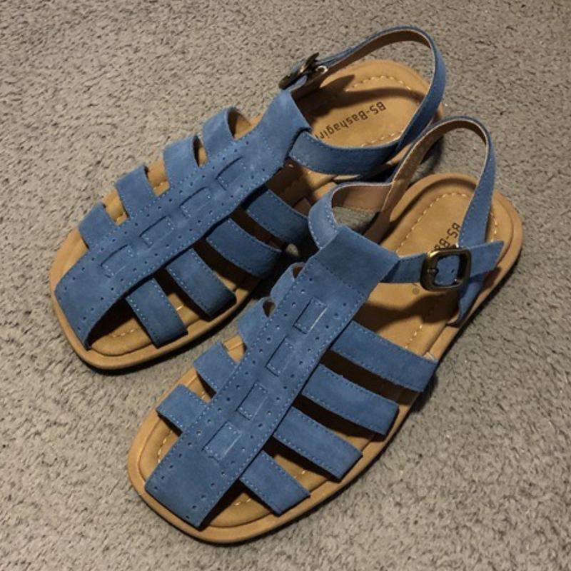 

Fashion High Quality Faux Suede Narrow Band Flat Sandals Women T Strap Round Toe Roman Shoes Summer Casual Soft Bottom Beach Sandals 35 синій
