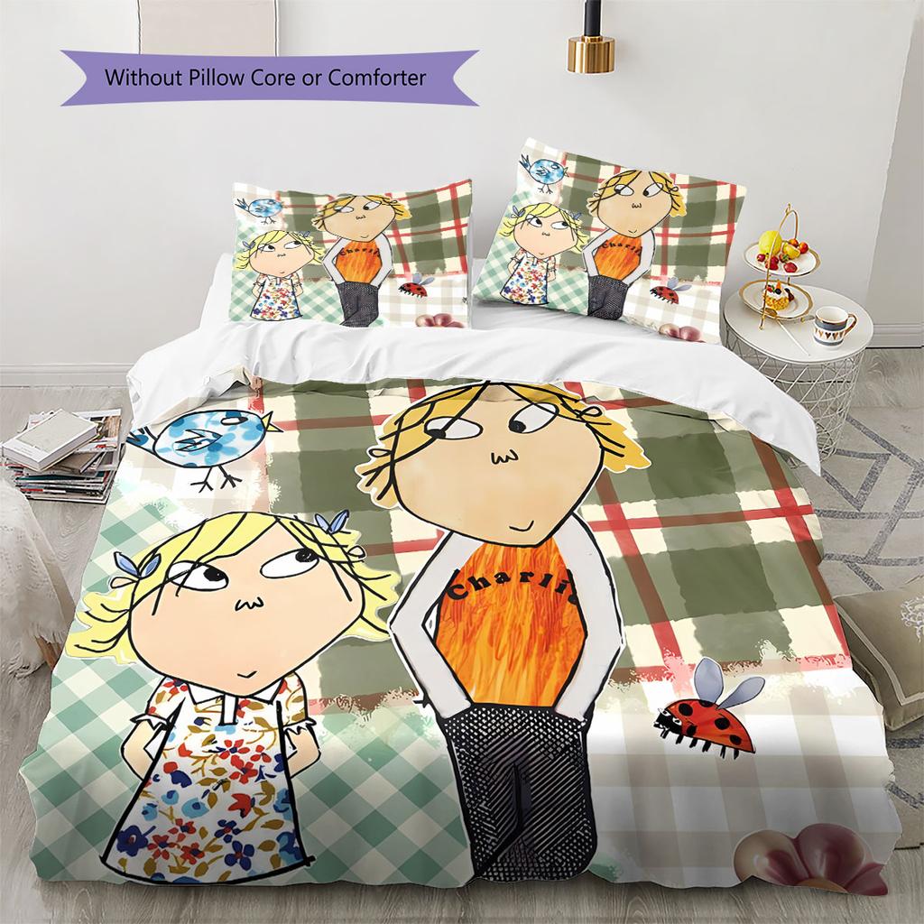 Charlie und Lola Muster Bettwäsche Steppbett Set Bettbezug Kissenbezug Heimdekoration Geburtstagsgeschenk (1 Bettbezug + 2 Kissenbezüge, ohne Füllung)