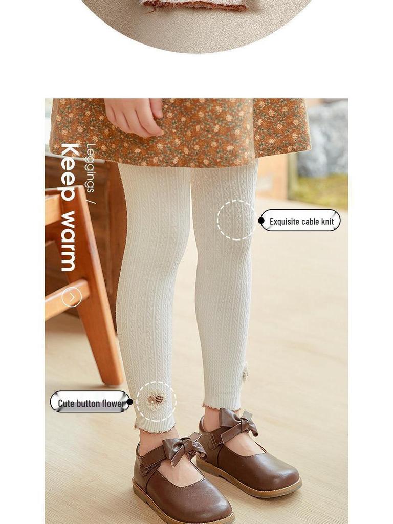 Girls' Fleece Lined Cable Knit Button Flower Tights - Nine-Point Length for Spring, Autumn, and Winter Wear