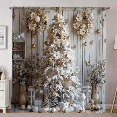 3D Classic Christmas Tree Snowflake Print Curtain 2 Pieces Thin Shading Window Drape Curtain for Living Room Bedroom Decor