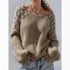 Damen Pullover mit Hohlmuster-Spitze, schulterfrei, Spitzenärmel-Patchwork, flauschig und elegant