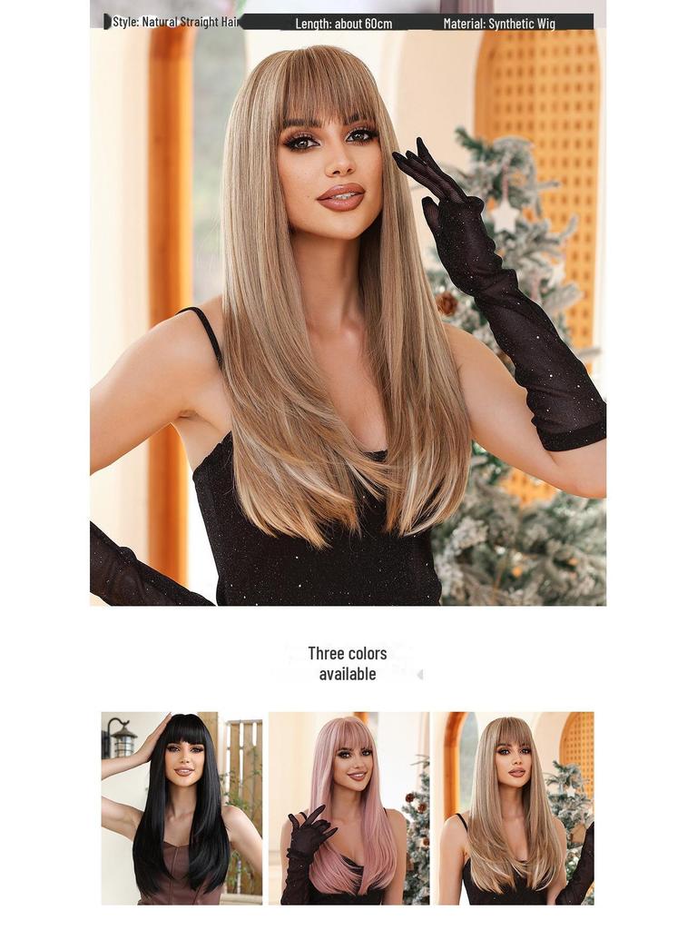 Perruque brune longue et lisse avec frange: Ensemble de tête complète de style européen et américain, à la mode et naturel