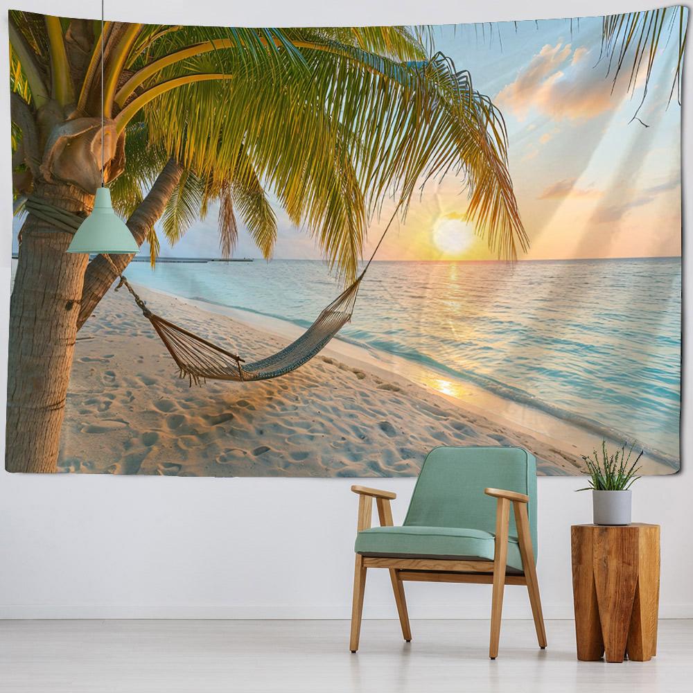 Beautiful Beach Coconut Tree Landscape Tapestry Polyester Fabric tapestry Wall Hanging Bohemian Wave Theme House Decoration