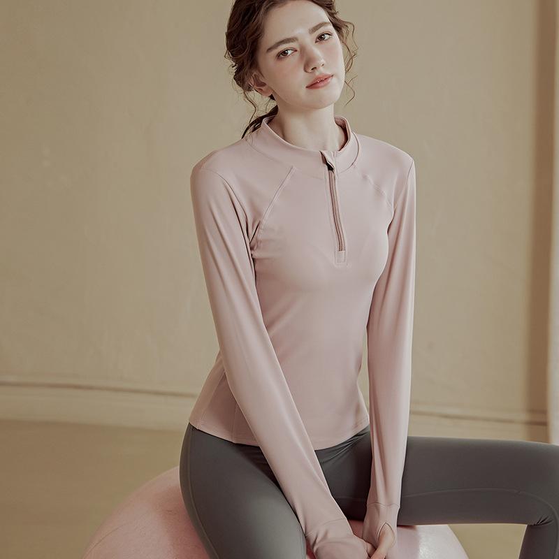 Women Half Zipper Yoga Long Sleeve Top Slim Elastic Quick-Drying Breathable Solid Color Top  Gym Athletic Yoga Running Wear
