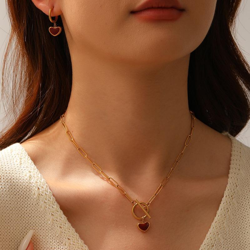 Stainless steel heart necklace and earring set - heart-shaped new year jewelry - 18k gold plated
