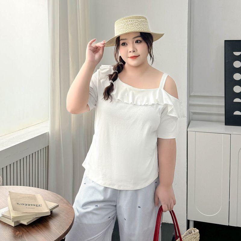 Plus size women clothing [Frill off-the-Shoulder T] Chubby Girl Design Sense Short sleeve T-shirt Summer All-Match Belly Covering Slimming Top