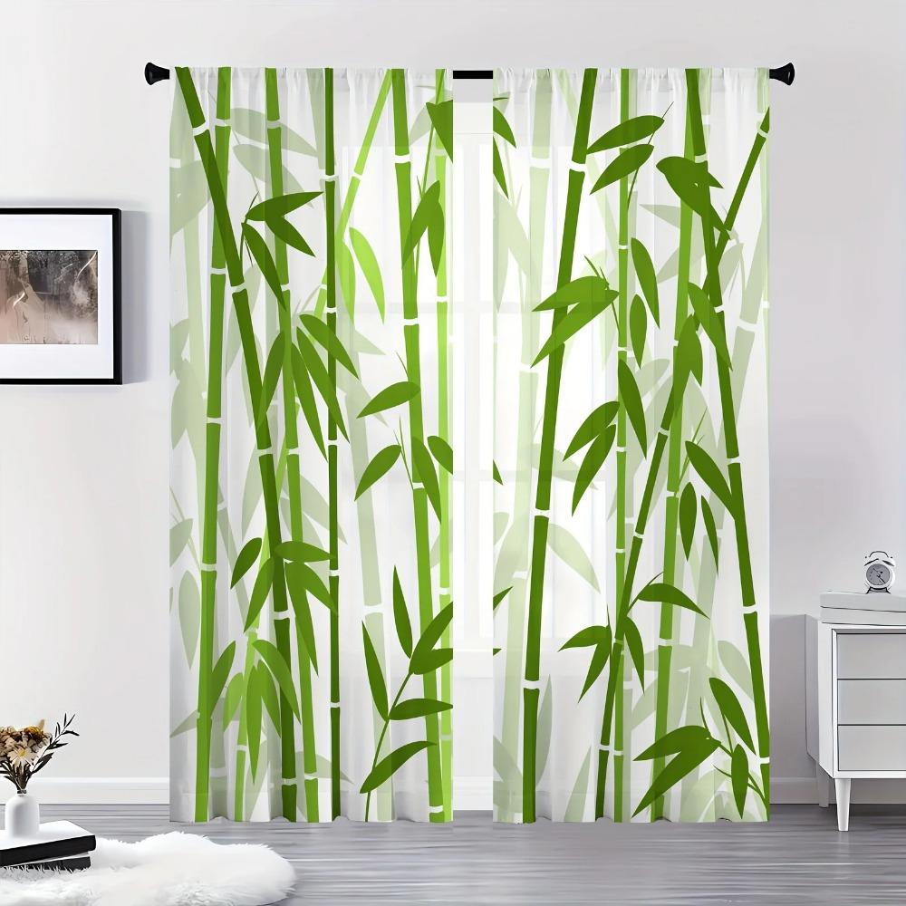 Modern Style Bamboo Wall Print Curtains for Living Room Bedroom Easy To Hang Semi-Transparent Machine Washable Home Decoration