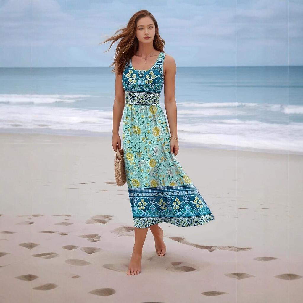 Summer New European and American Style Printing Sleeveless Long Dress Seaside Vacation Bohemian Dress Women's Clothing