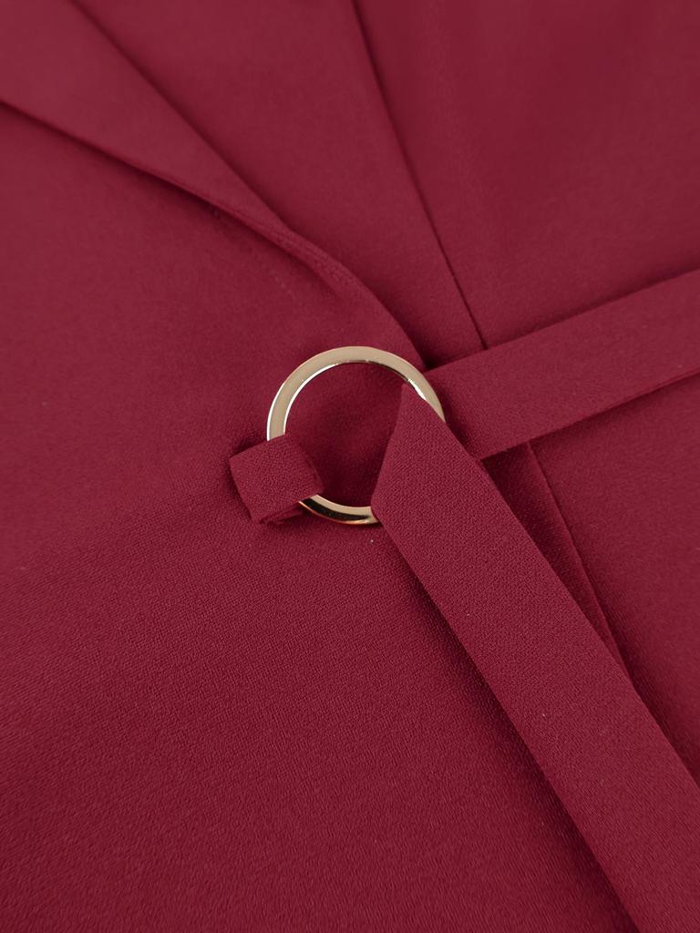 Curvy Women's Wine Red Ruffle Sleeve Suit: Waist-Cinched Slimming Pleated Wide-Leg Pants Set