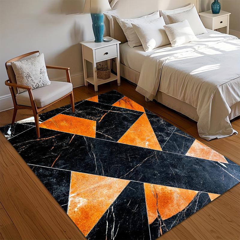 

Modern Geometric Marble Rug Black & Orange Abstract Entryway Doormat NonSlip Easy Clean Carpet for Living Bed Room Pet Friendly 40X60cm