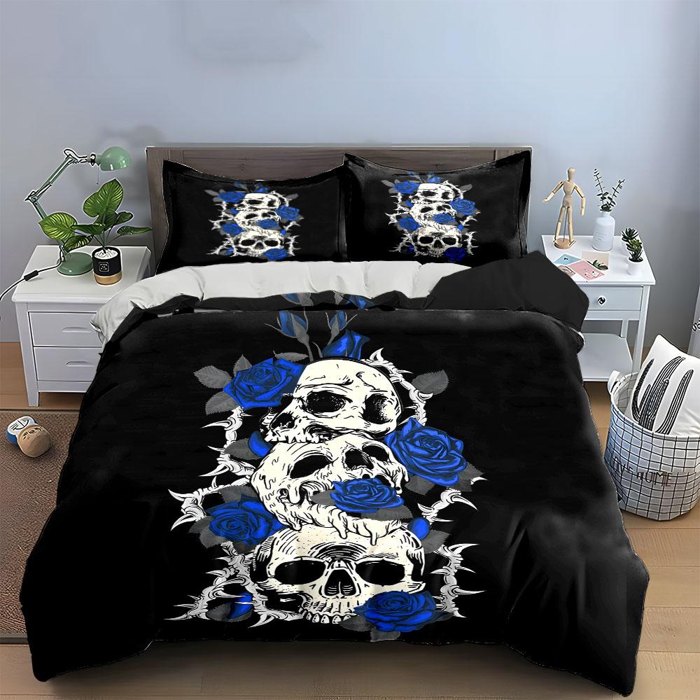 Skull and Blue Rose Trio Design kid's and adults' bedroom decor, Exquisite three-piece bedding set gift