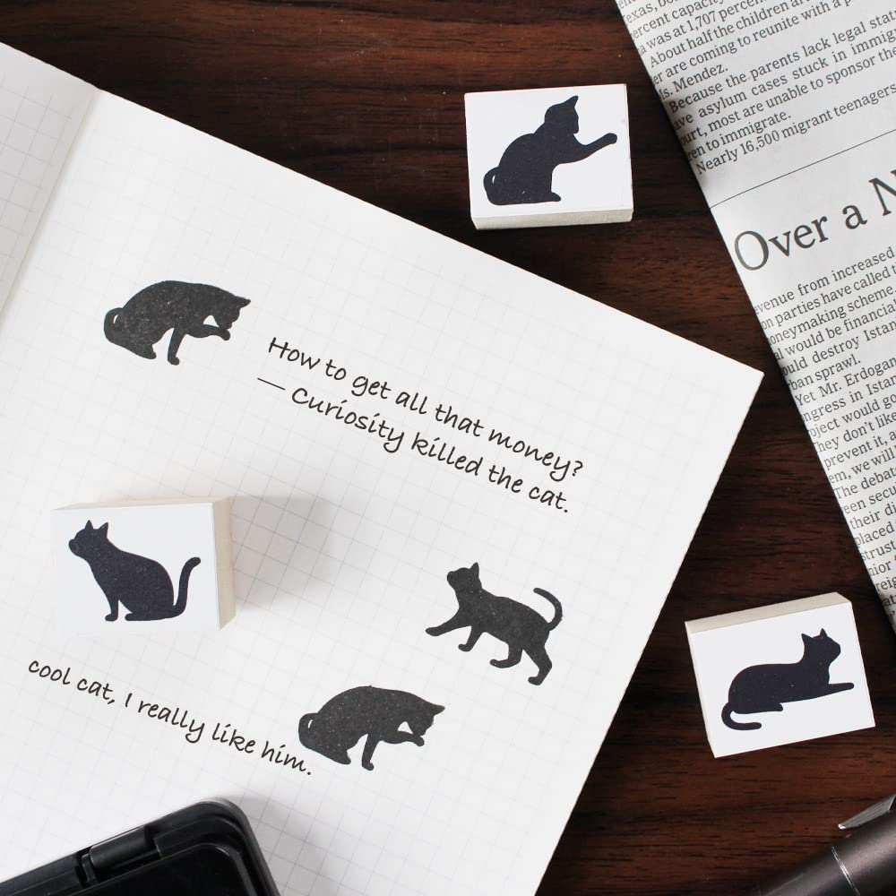 Cute Black Cat Stationery Stylish Wooden Rubber Stamp Made In Japan Stamps, Set, Gift, (#23)