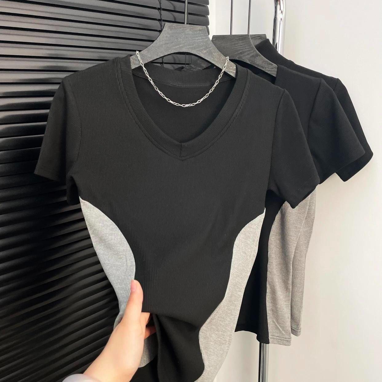 

2025 Summer V-neck Color Block Slim Fit Women s T-shirt S (80-95 kg) серый