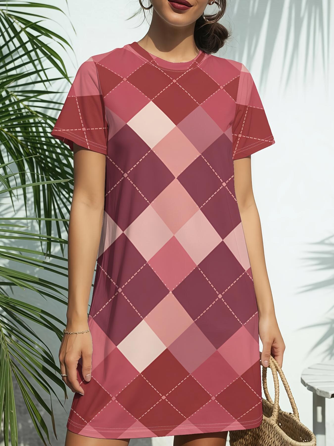

Blush Argyle Glownew Arrival Women S Round Neck Short Sleeve T-Shirt Dress.American Trendy Digital Print. Casual Versatile Style for Spring And Summer 2XL дубильна кора