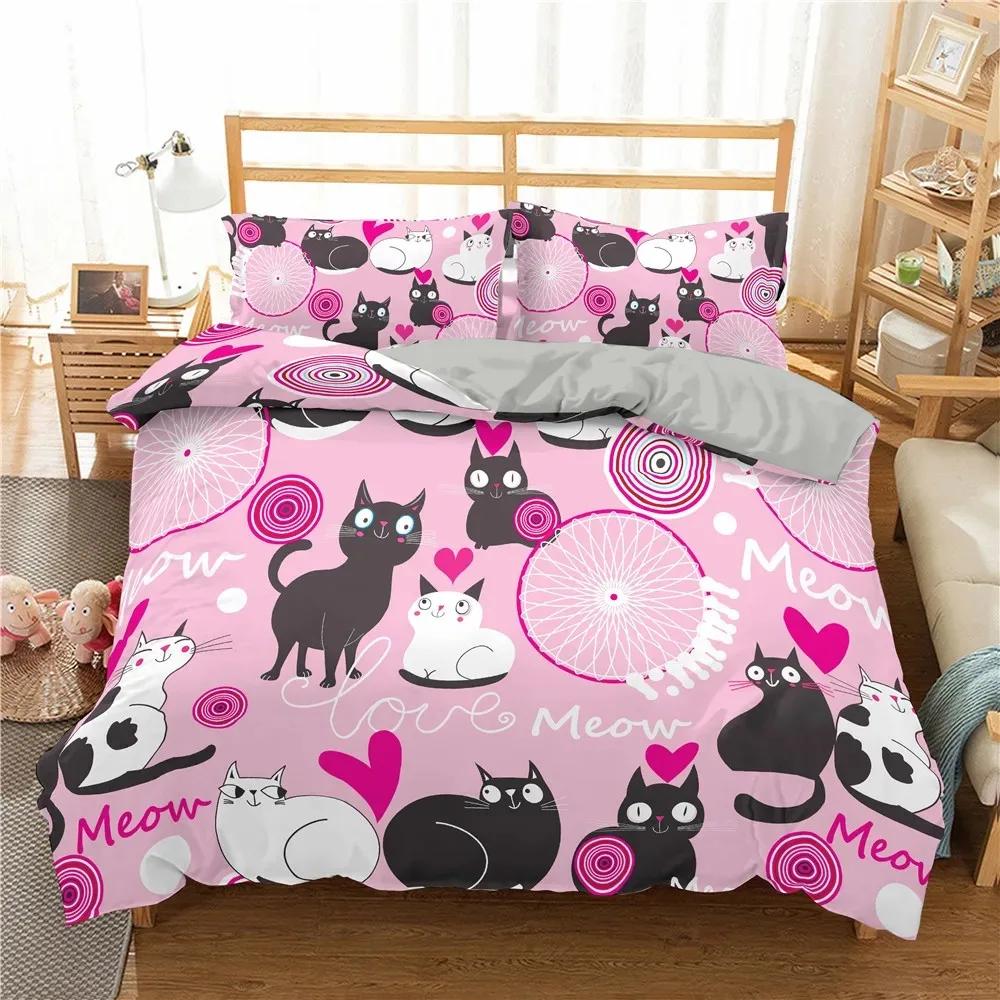 Cartoons Niedliche Katze Bettbezug Polyester Bettdeckenbezug Kissenbezug Junge Mädchen Liebevolle Tiere Bettwäscheset King Queen Full Size