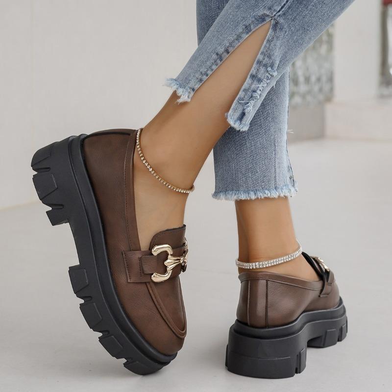 Fashion Women's Thick Soled Single Shoes Autumn New Round Head Deep Mouth Metal Buckle Non-slip Low-top Shoes