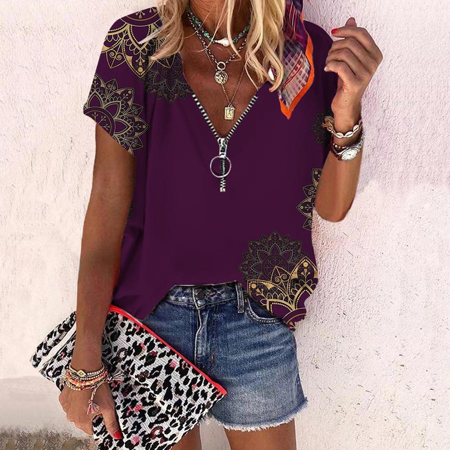 Women's Top Summer New Fashion Rose Flower Sunflower Pattern Printed Casual Zipper V-neck Short Sleeve Top