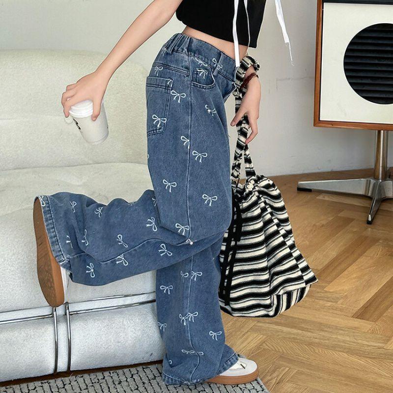Summer Casual Style Jeans For Girl Teenage Clothes Bow Print Denim Wide Leg Pants Spring Big Kids Straight Trousers