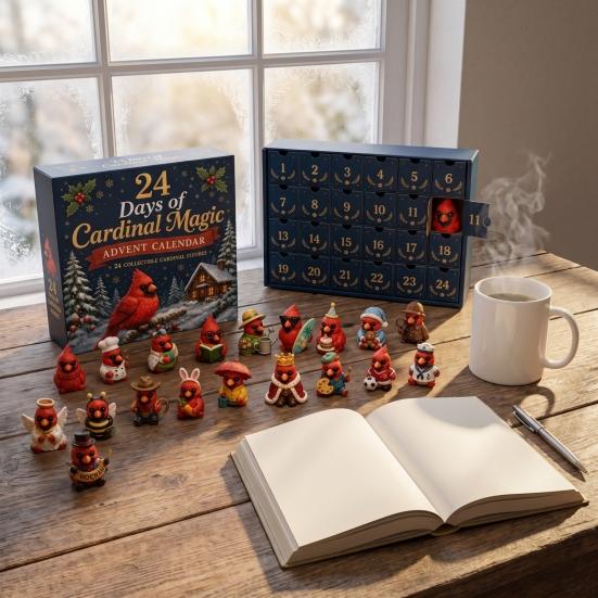 Christmas Party Favors Red Bird Advent Calendar, 24 Unique Miniature Desk Decor Figurines, Tree Hanging Ornaments for Holiday Gifts Calendar