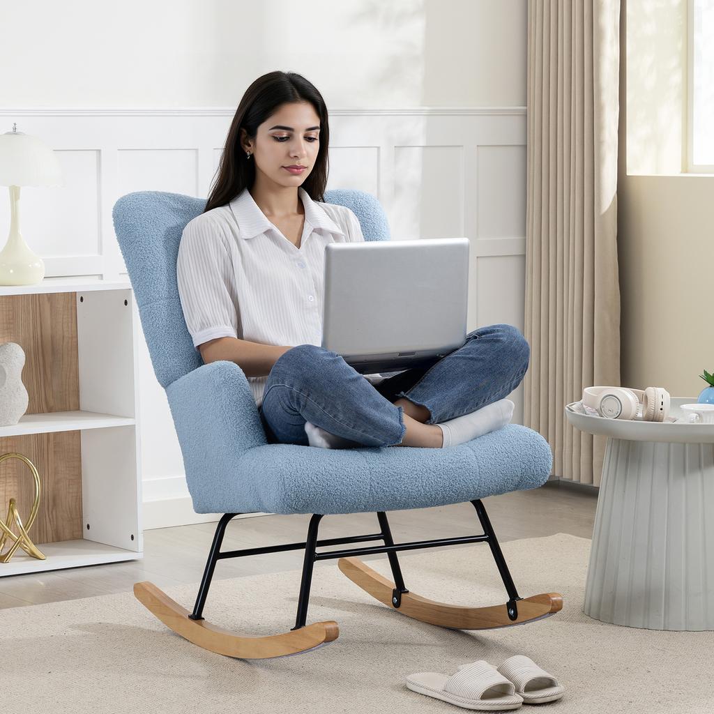 Velvet Teddy Rocking Chair With High Back Rubber Wood Legs Light Blue Armrests