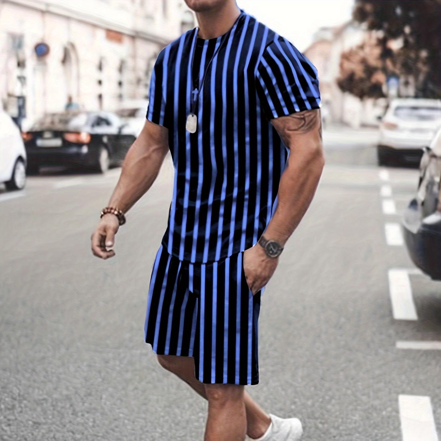 

Мужской летний комплект одежды из двух предметов в полоску: мужская футболка с коротким рукавом и повседневные шорты с карманами 6XL