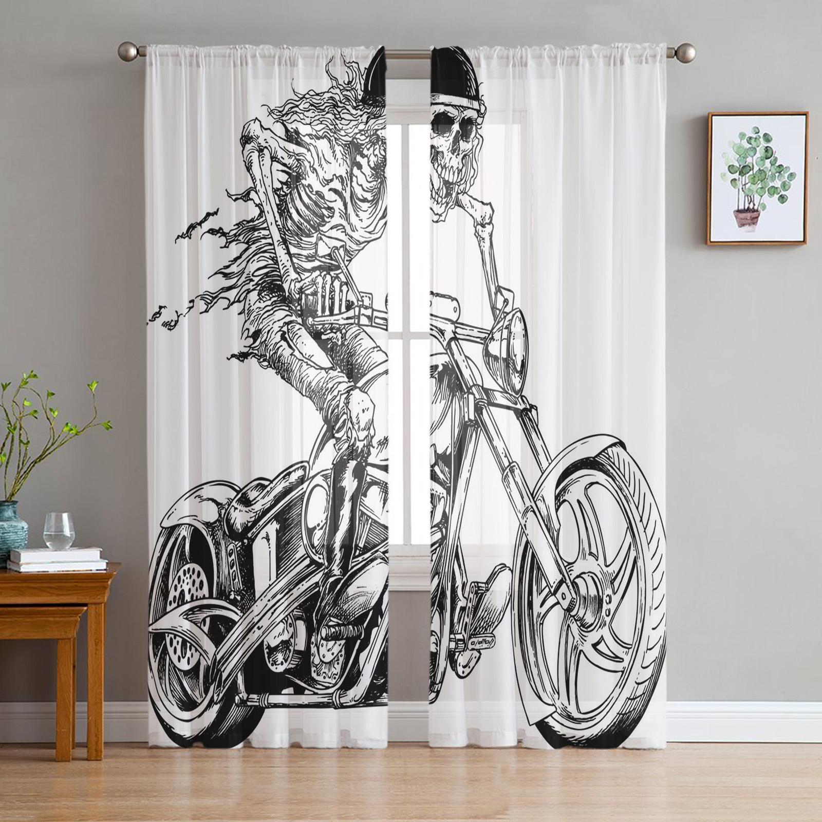 

Red Motorcycle Stars Plate Retro Tulle Drapes ideal for Living Room Decoration Contemporary Chiffon Translucent Voile Kitchen Bedroom Space Drape 1 PCS W100XH250cm&Grommet Top