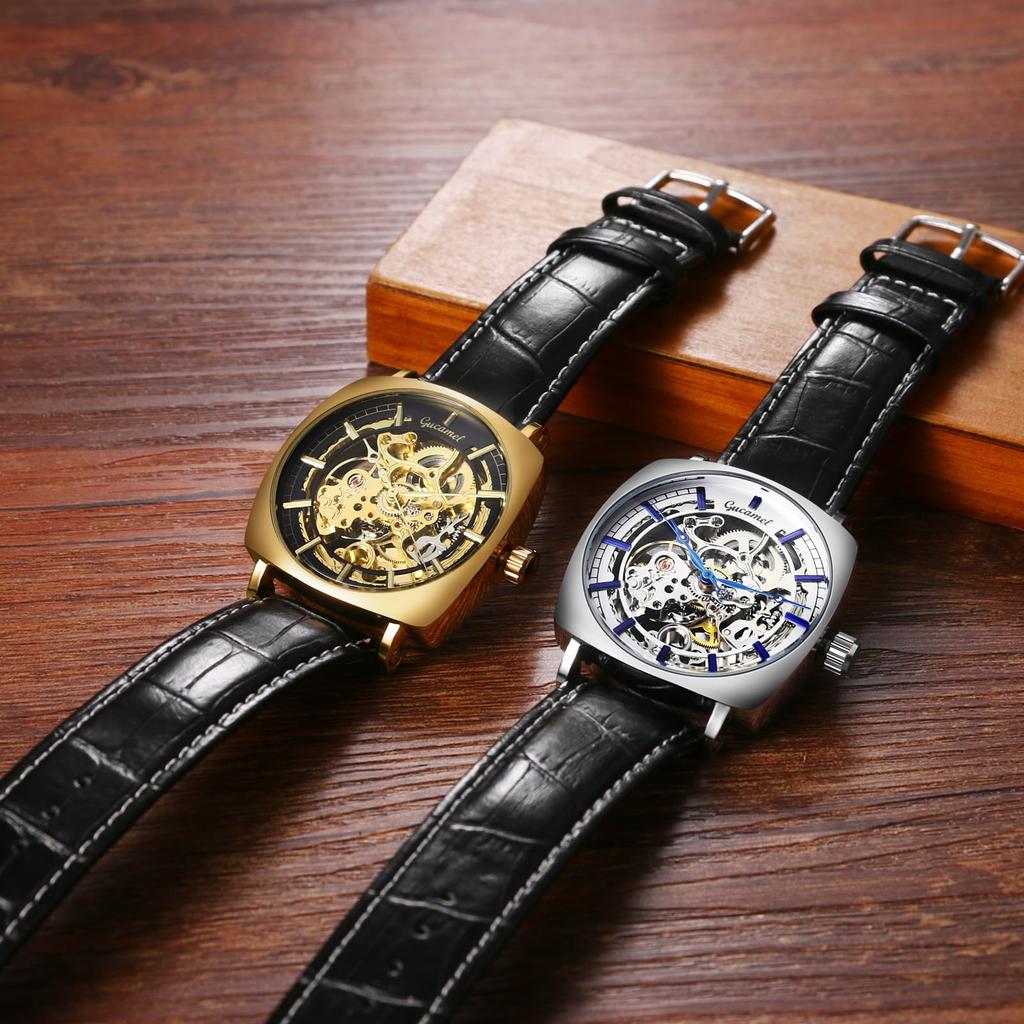 Men's Automatic Watch Genuine Leather Strap Analog Display 3ATM Waterproof Gold Silver Casual Business Fashion Accessory